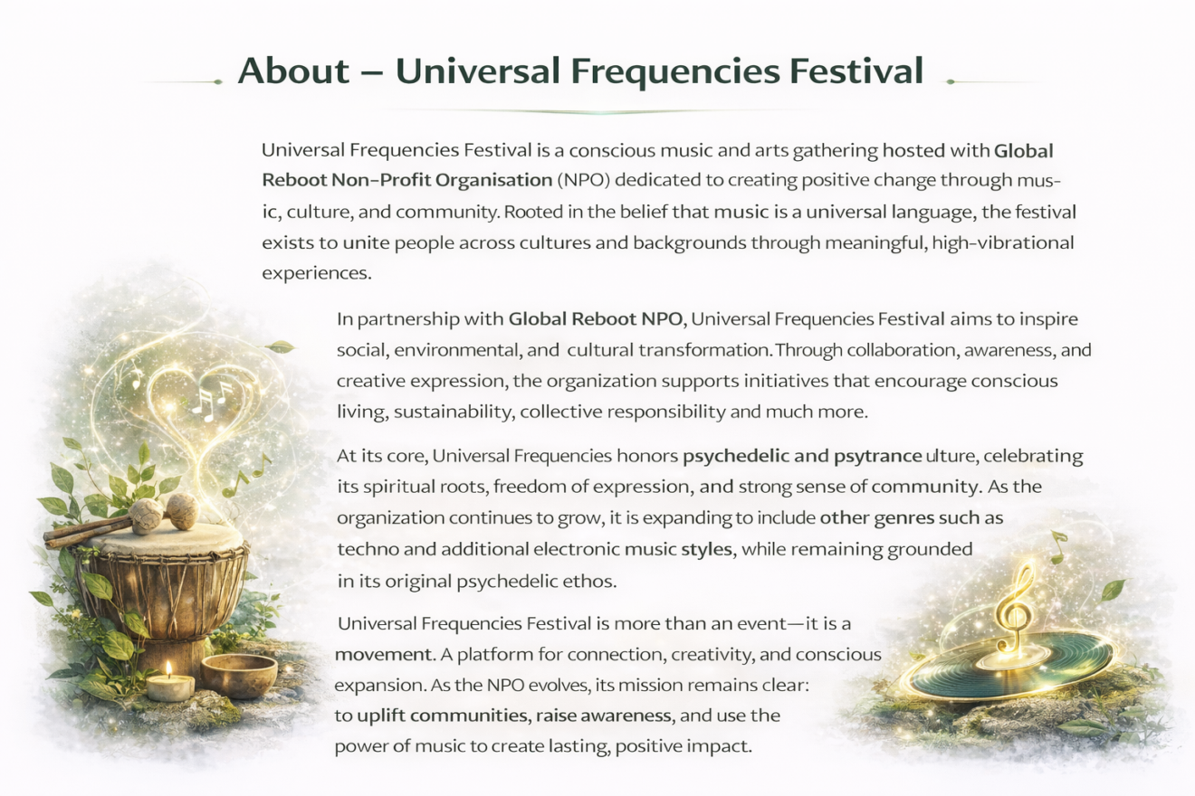 Universal Frequencies Festival artwork with djembe drum, vinyl record and musical notes