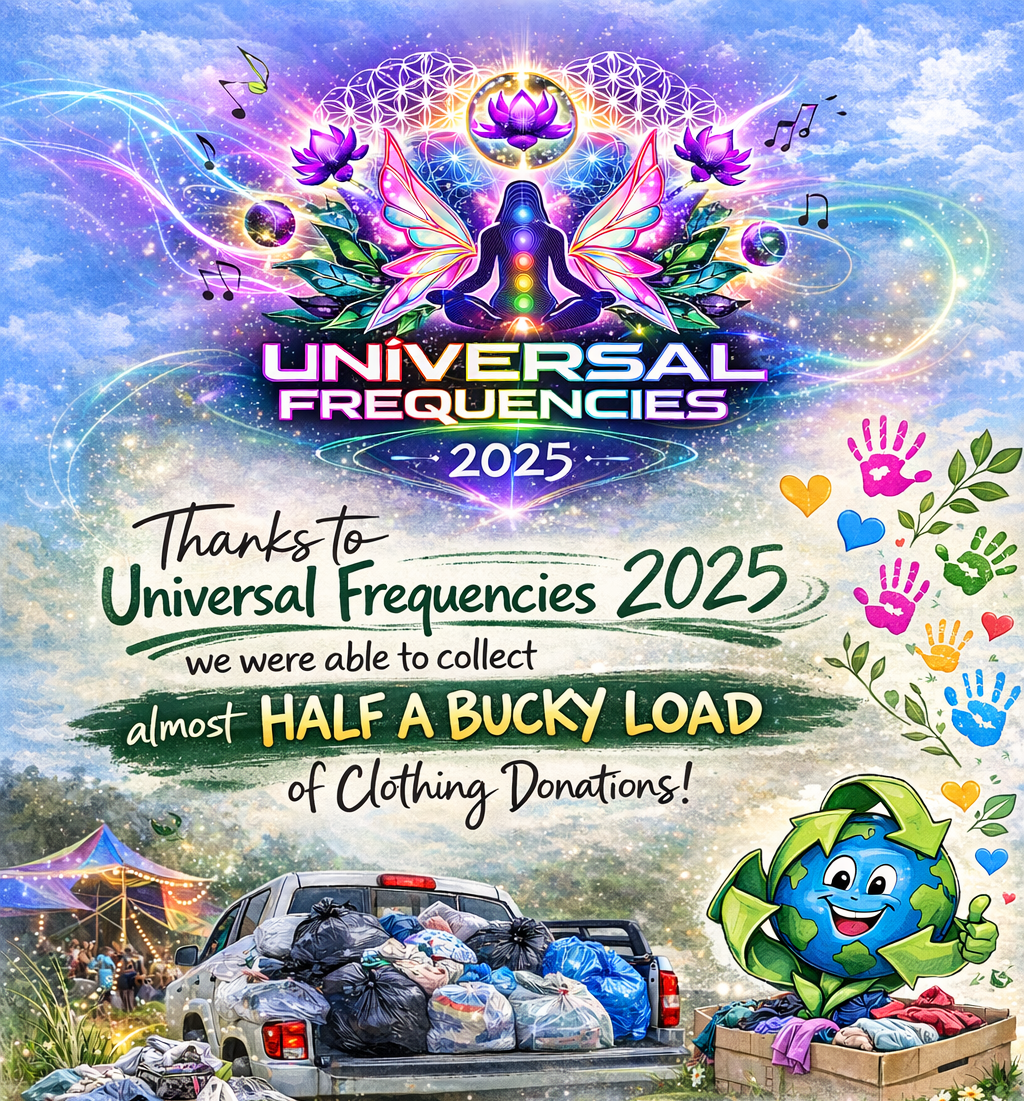 Universal Frequencies Festival 2025 — almost half a bucky load of clothing donations collected for Rheenendal Recycling Swop Shop
