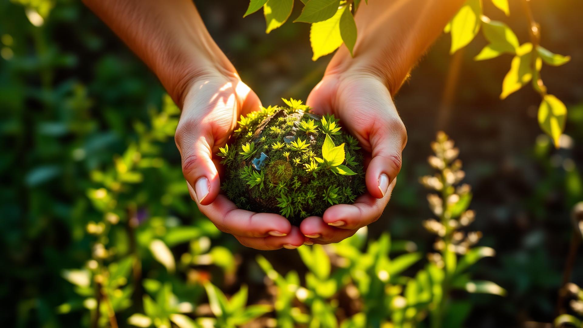 Hands cradling a living green earth